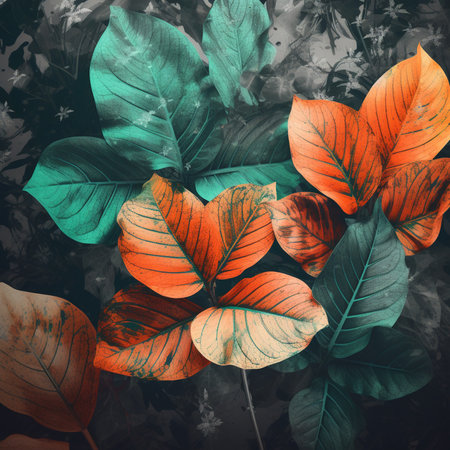 Colorful leaves on grunge textured background. Toned.の素材