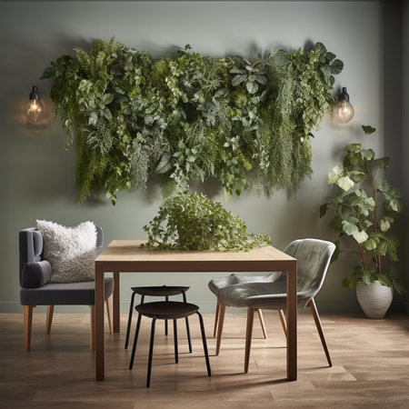 Interior of modern living room with green walls, wooden table and chairsの素材
