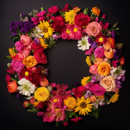 Flower wreath on black background, top view, copy spaceの素材