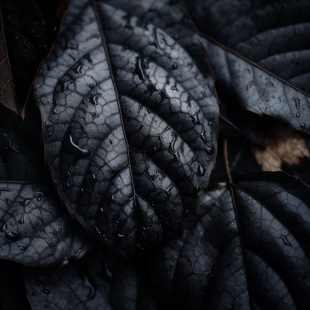 Close up of black leaves with water droplets. Nature background.の素材