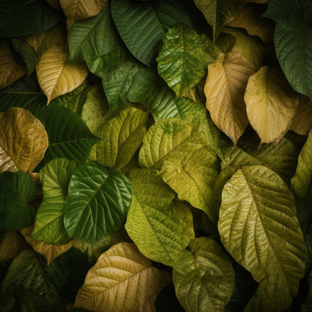 Green and yellow leaves background, nature and environment concept, vintage toneの素材