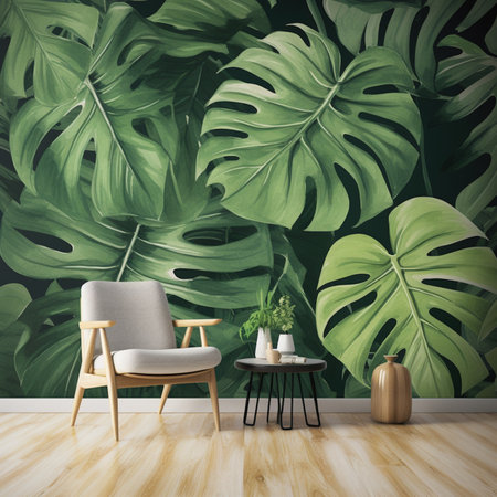 Interior of modern living room with green monstera leaves. 3d renderingの素材