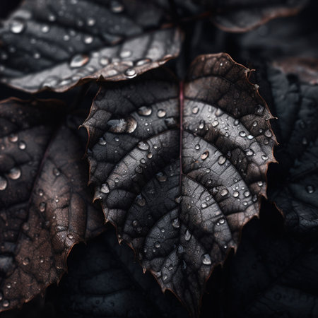 Close up of black hydrangea leaves with dew dropsの素材