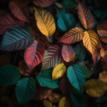 Autumn leaves background. Colorful autumn leaves on dark background.の素材