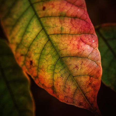 Close up of a green leaf with yellow and red veins on a dark backgroundの素材