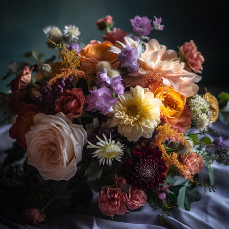 Beautiful bouquet of different flowers on a dark background. Toned.の素材