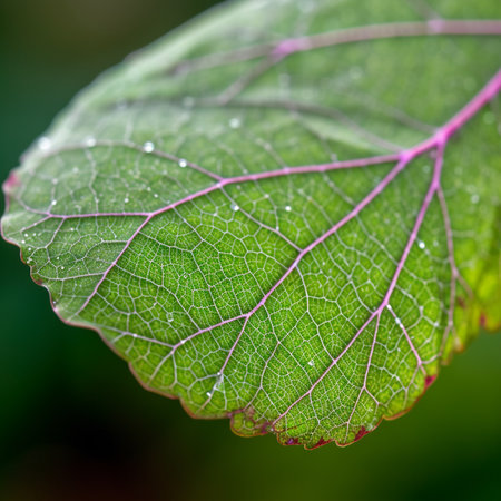Close up of a green leaf with water droplets on it.の素材