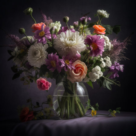 Bouquet of flowers in a vase on a dark backgroundの素材