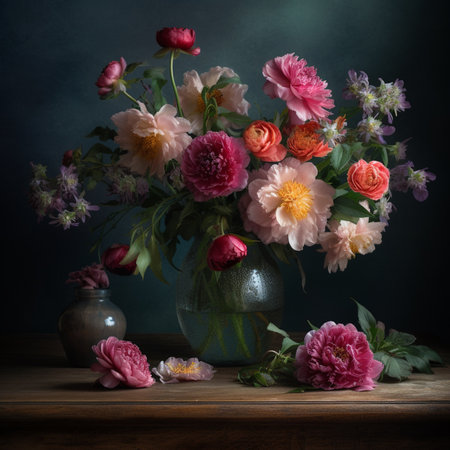 Bouquet of peonies in vase on wooden table.の素材