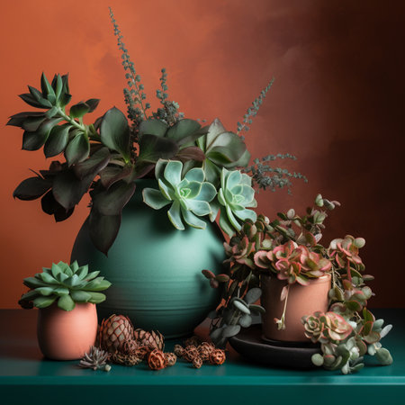 Echeveria, succulents and eucalyptus in clay pots.の素材