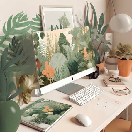 Modern workspace with computer and tropical plants. 3D Rendering.の素材