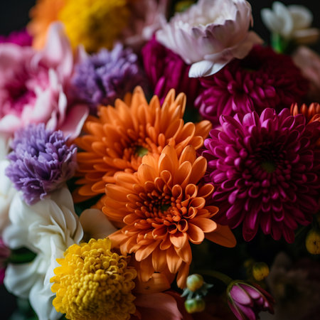 Colorful bouquet of chrysanthemums on black backgroundの素材