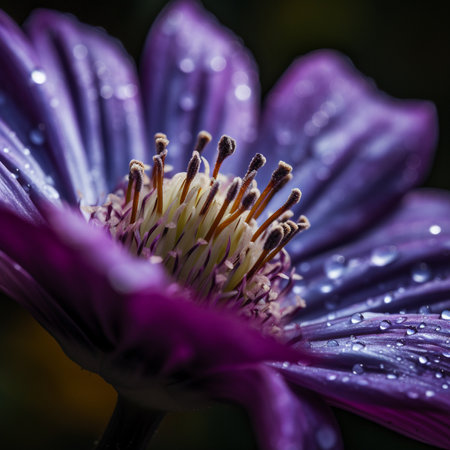 Purple clematis flower with raindrops on petals.の素材