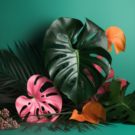 Creative layout made of monstera leaves on green background. Minimal summer conceptの素材