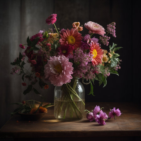 Bouquet of flowers in a vase on a wooden tableの素材