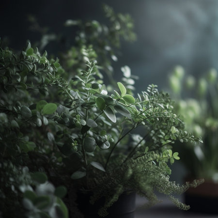 Beautiful green houseplants in pot on dark background, selective focusの素材