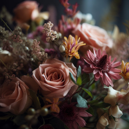 Beautiful bouquet of different flowers in vintage style. Selective focus.の素材
