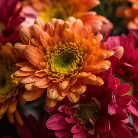 Colorful chrysanthemum flowers with water drops on petalsの素材