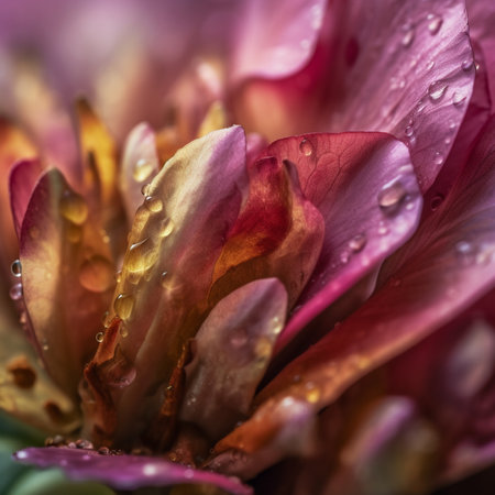 Macro shot of raindrops on the petals of a peonyの素材