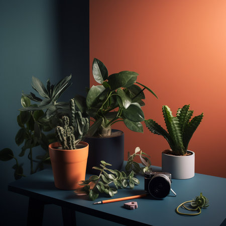 Houseplants in pots on blue table and orange background. Home gardening concept.の素材