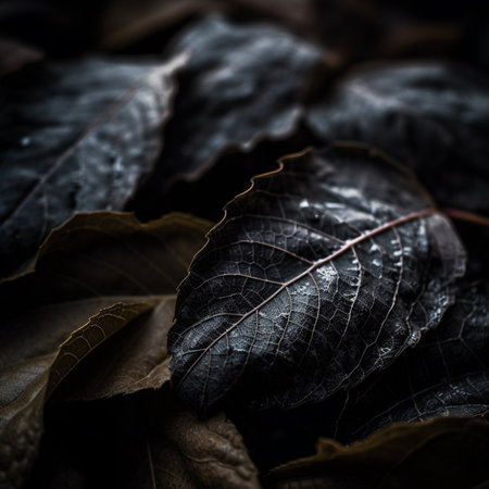 Black leaves background. Selective focus. Shallow depth of field. Toned.の素材