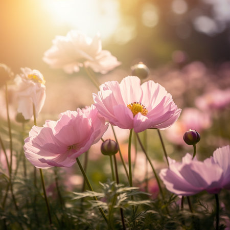 Cosmos flowers blooming in the garden. Soft focus, vintage tone.の素材