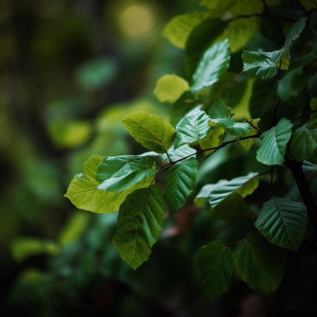Green leaves in the forest. Nature background. Selective focus.の素材