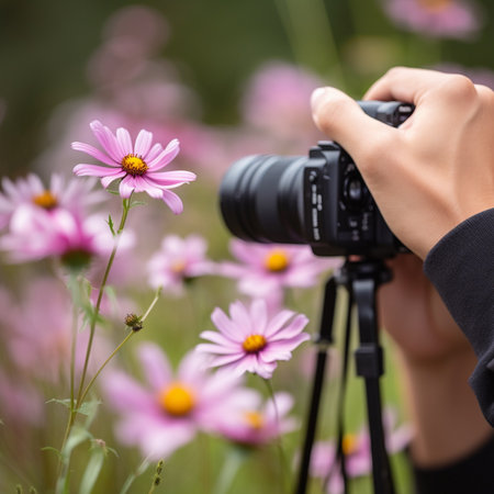 Female photographer taking picture of beautiful pink cosmos flowers in the field.の素材