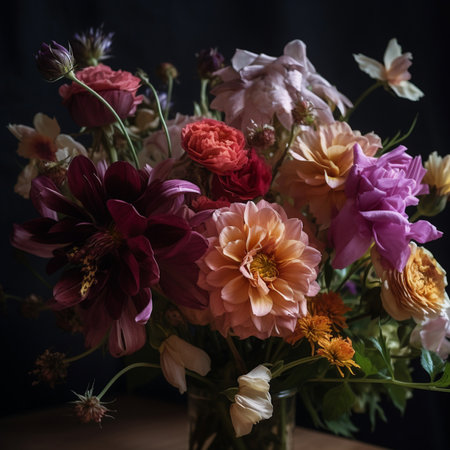 Bouquet of dried flowers in a vase on a dark backgroundの素材