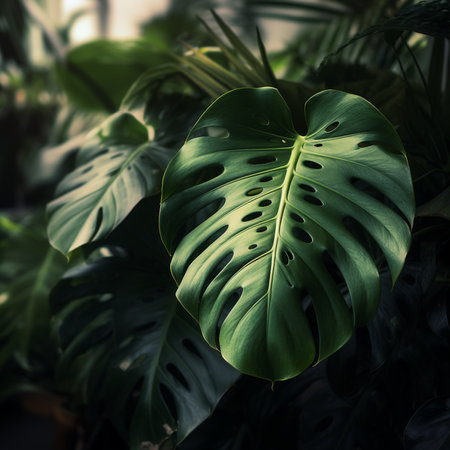 Monstera deliciosa or Swiss cheese plant growing in a pot.の素材