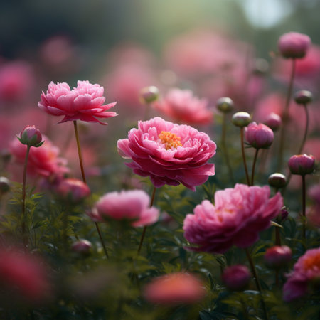 Pink peonies in the garden. Soft focus, shallow DOF.の素材
