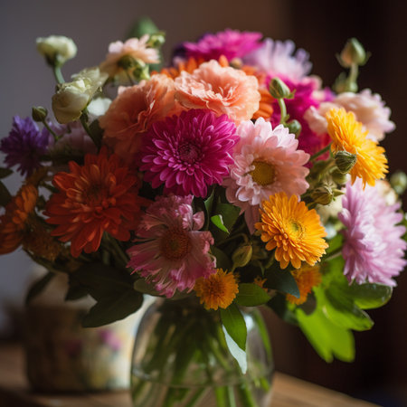 Bouquet of colorful flowers in a vase on the tableの素材