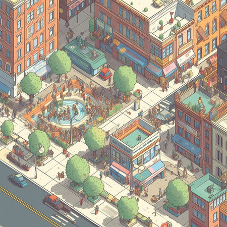 City street isometric view with buildings and people in the city center, vector illustrationの素材