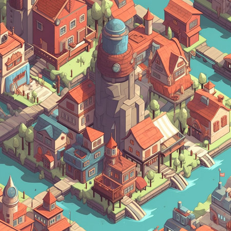 Vector isometric illustration of the old town with buildings and streets.の素材