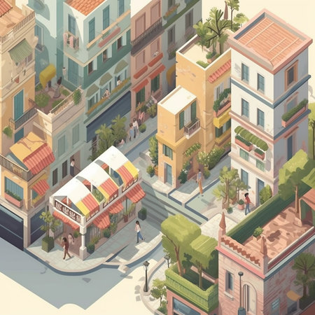 Isometric view of a street with buildings and people in the cityの素材