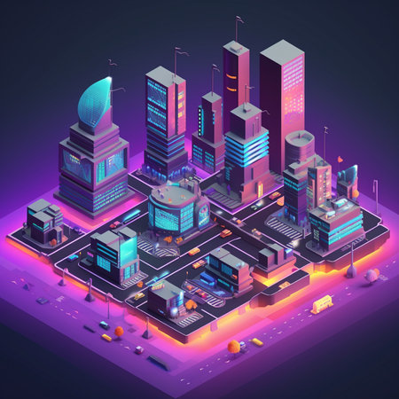 Isometric futuristic city with buildings and skyscrapers. Vector illustration.の素材