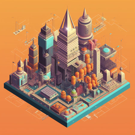 Isometric city concept with skyscrapers and buildings, vector illustrationの素材