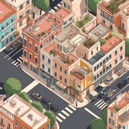 Vector isometric city street with buildings, roads, cars and peopleの素材