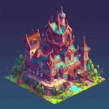 Isometric view of the old church on the background of the forest.の素材