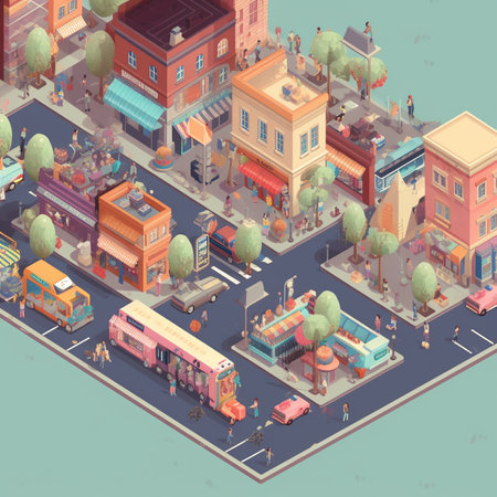 Isometric city street with cars, buses and people, vector illustrationの素材
