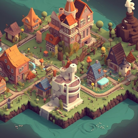 3d isometric city landscape background. City with houses and trees.の素材