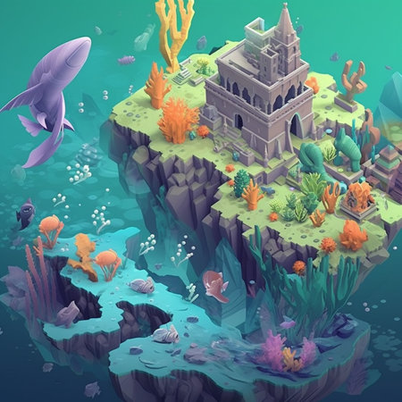 isometric view of the underwater world with fish, coral reef and sharkの素材