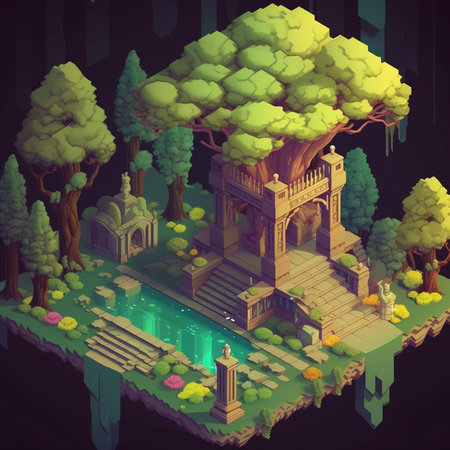 isometric city landscape with bridge and pond, 3d render illustrationの素材