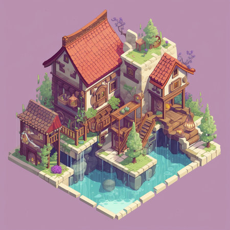 Isometric ancient village with houses and waterfalls. Vector illustration.の素材