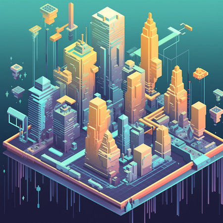 Vector isometric illustration of modern city with skyscrapers and high-rise buildingsの素材