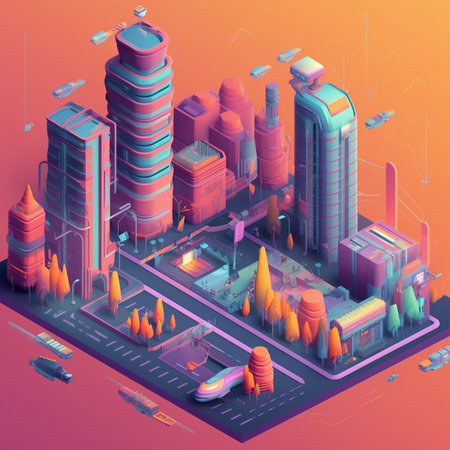 Modern city isometric background with skyscrapers and buildings, 3d vector illustrationの素材