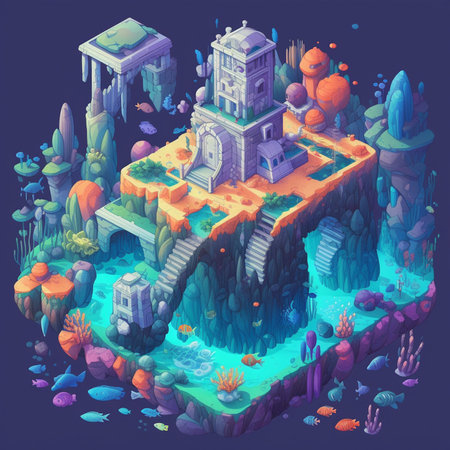 Fantasy isometric underwater world. 3d vector illustration of an island in the sea.の素材