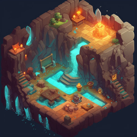 isometric game scene with fantasy elements and fantasy objects, 3d illustrationの素材