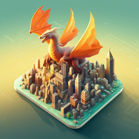 dragon on the background of the city and skyscrapers. 3d illustrationの素材