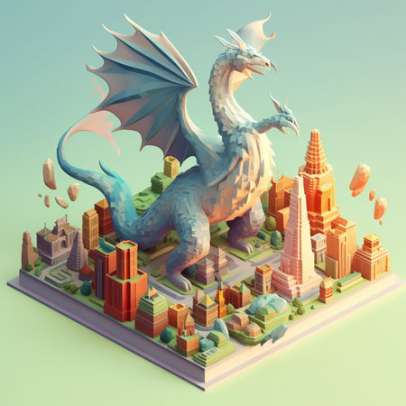 Dragon and city in isometric view. 3D illustration. Cartoon style.の素材